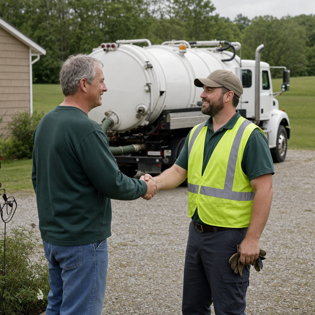 A septic technician shaking a Casas Adobes homeowner's hand beside the service truck after a completed pump-out