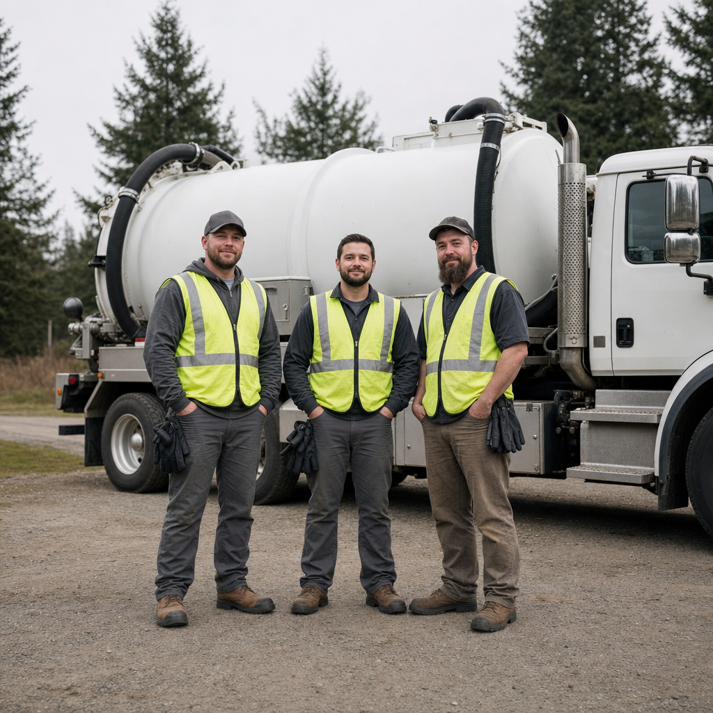 The Casas Adobes septic pumping crew standing together beside their clean white vacuum truck on a residential street