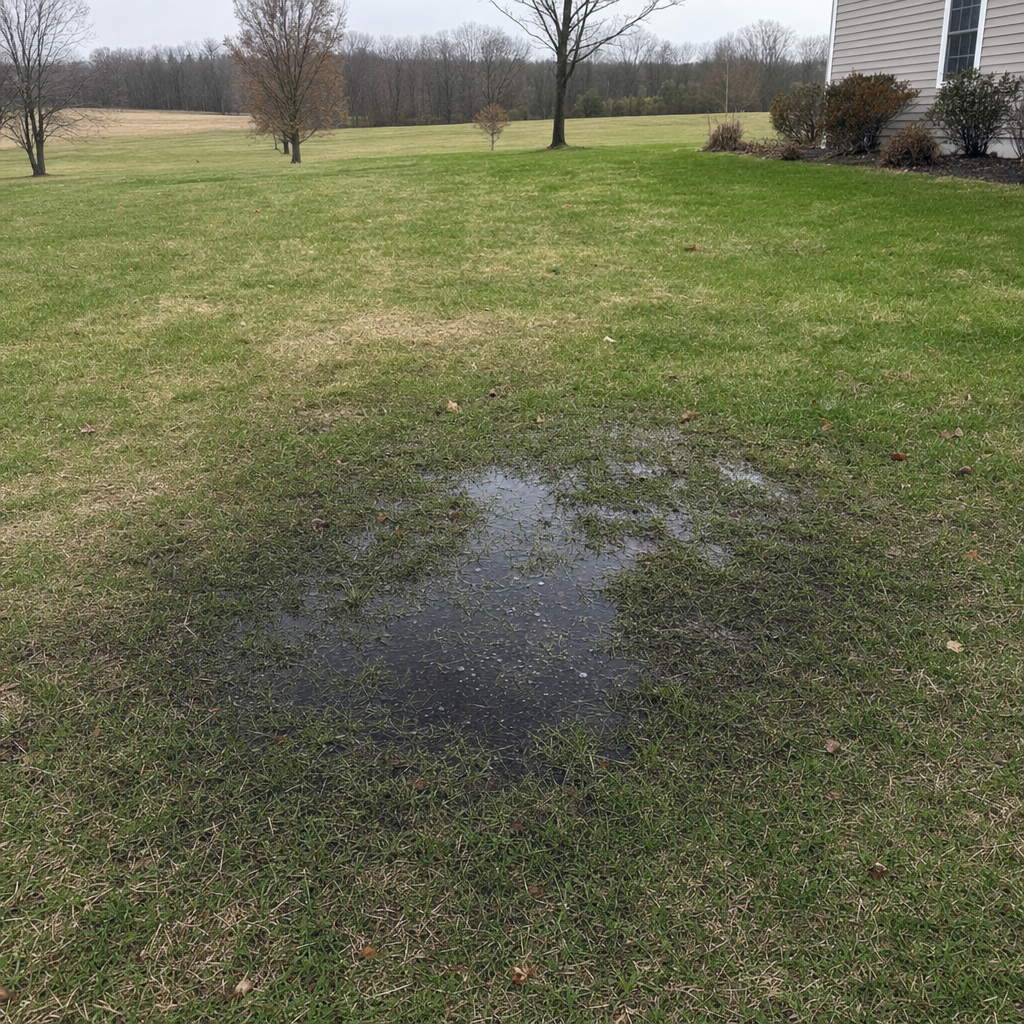 A dark, saturated wet spot in a Casas Adobes backyard lawn marking a failing cesspool at capacity