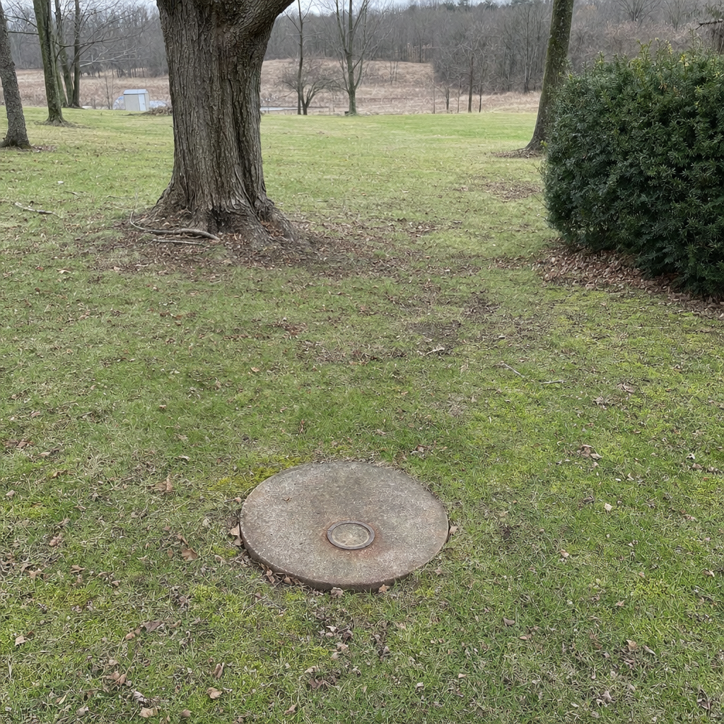 An older round cesspool access lid set flush in an established, mature Casas Adobes backyard lawn