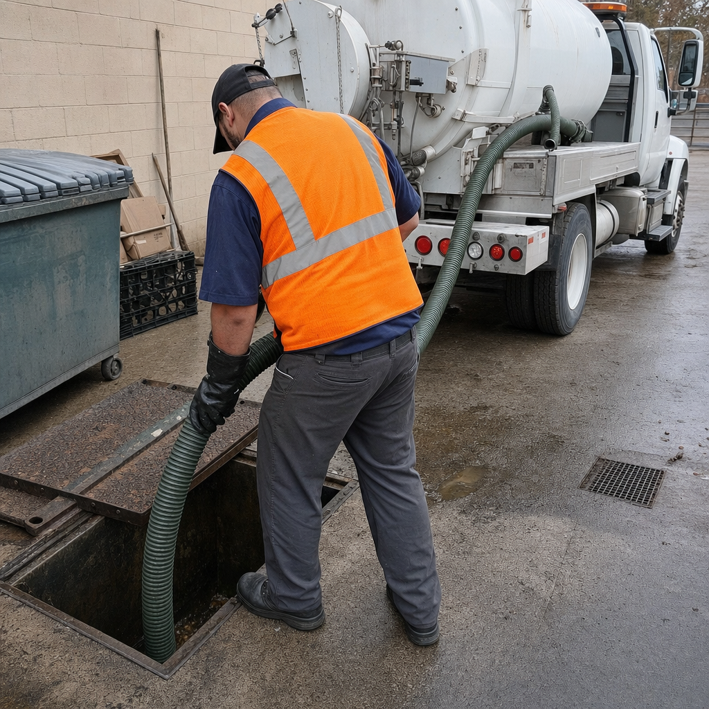 Technician pumping a grease trap behind a Casas Adobes restaurant