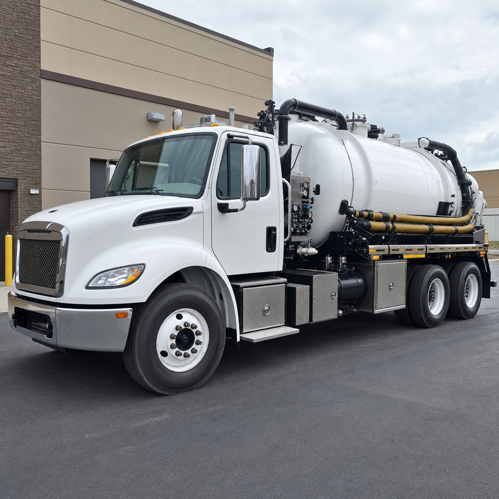 Commercial septic vacuum truck parked in a Casas Adobes business parking lot