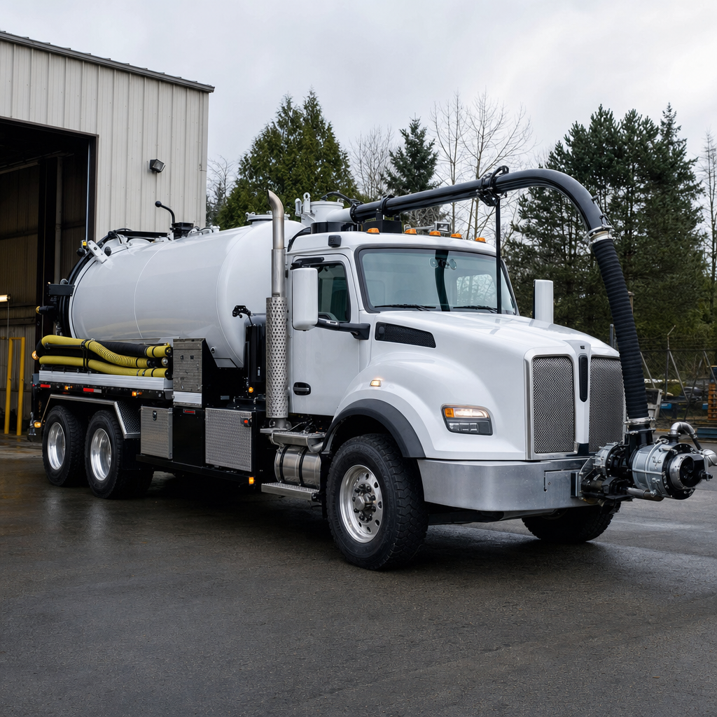 A clean white septic vacuum truck rolling out of a tidy Casas Adobes service depot at the start of the day
