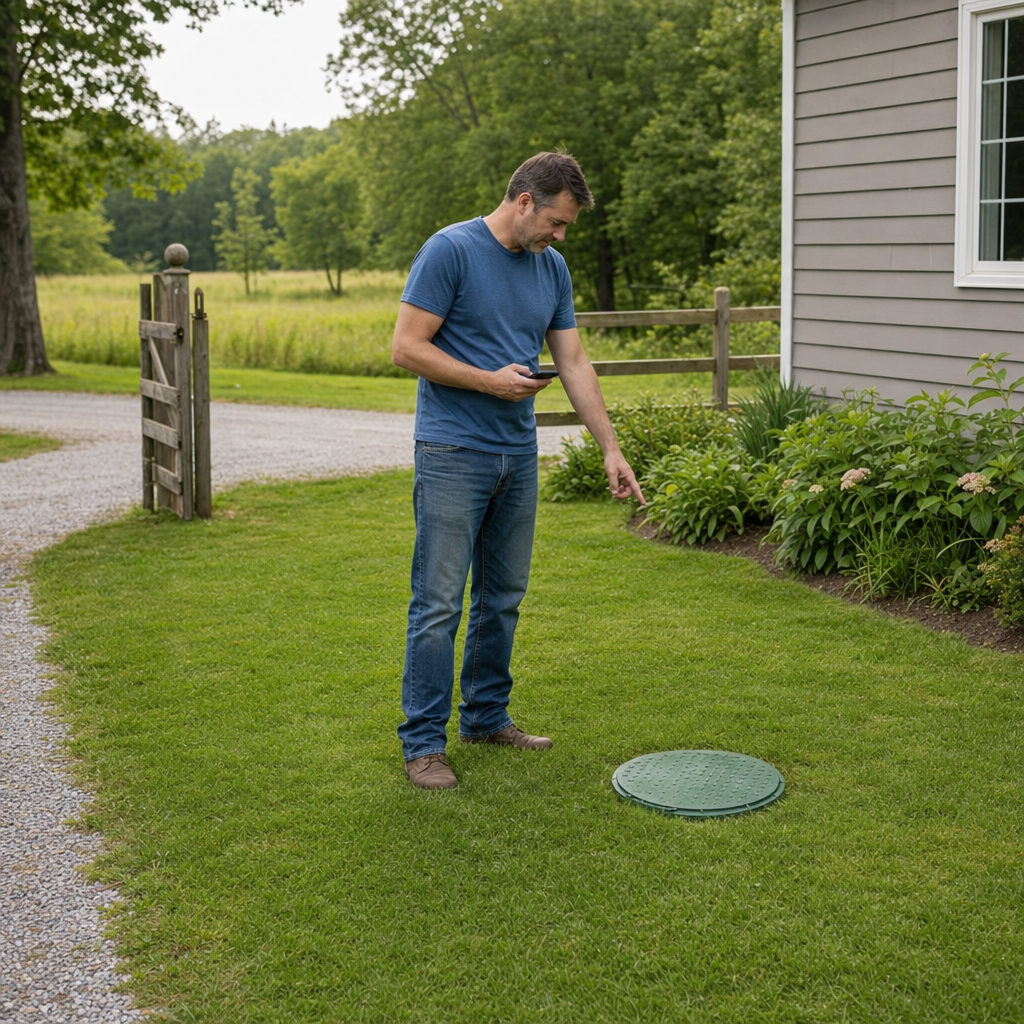 A Casas Adobes-area homeowner standing in the backyard noting where the septic tank lid and access route are located