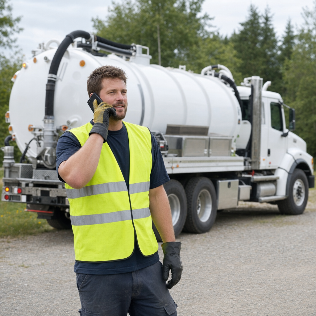 A friendly septic dispatcher holding a phone, ready to answer a Casas Adobes homeowner's call about a pump-out