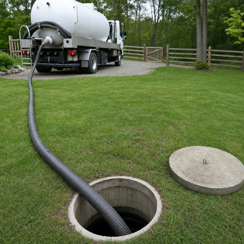 Suction hose connected to an open septic tank, drawing it down in a tidy Casas Adobes yard