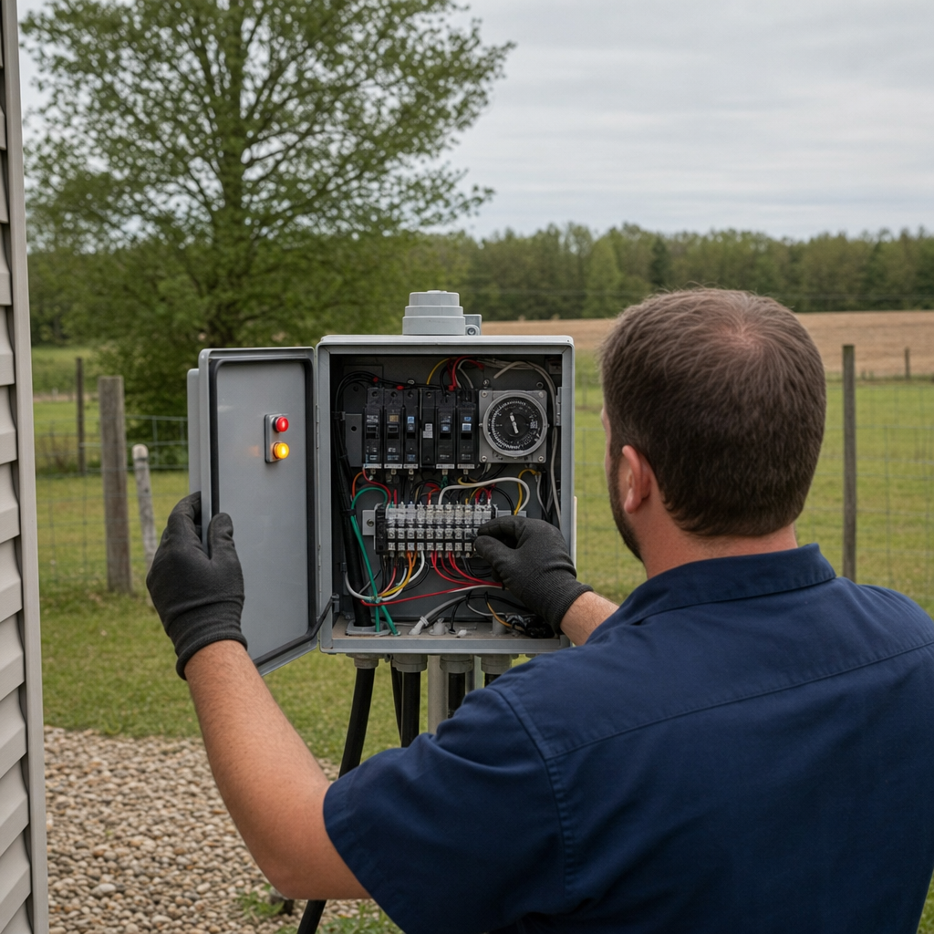 Technician checking an aerobic septic control box with a lit red high-water alarm during a same-day Casas Adobes visit