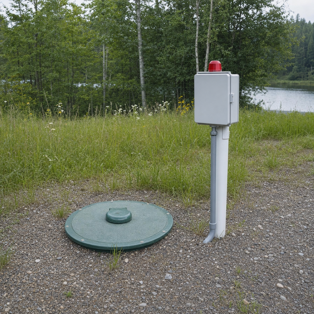 A wastewater holding tank access lid set in the ground at a rural Casas Adobes-area cabin, with a mounted high-level float alarm panel nearby