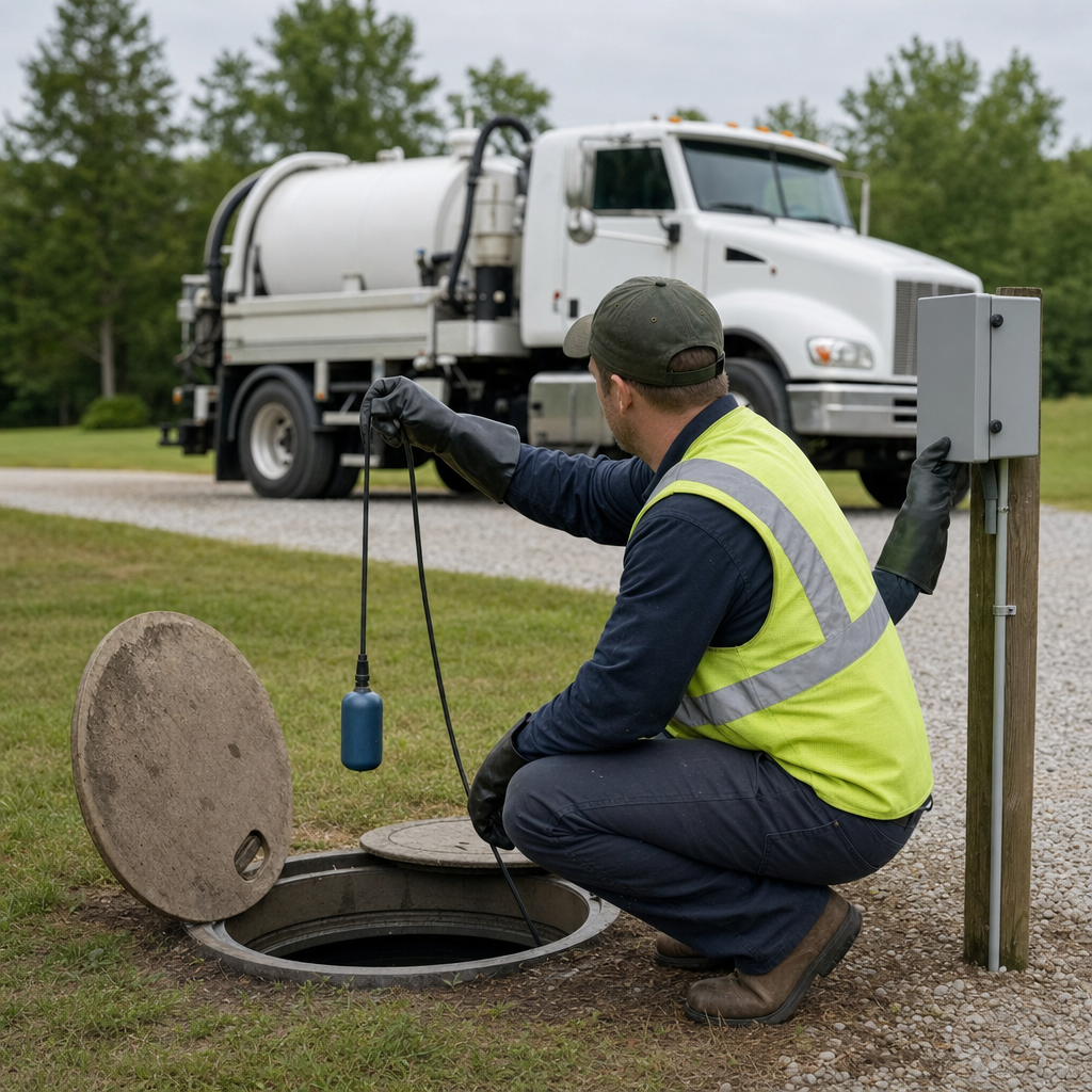 A septic technician in a high-visibility vest checking a high-level float switch and alarm panel on a holding tank at a rural Casas Adobes-area site