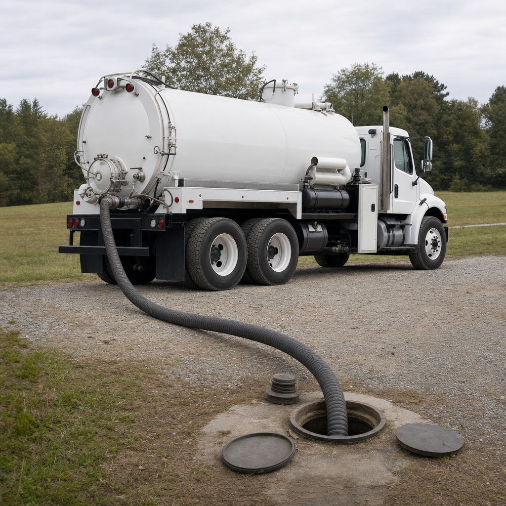An unmarked white vacuum truck emptying a wastewater holding tank on a scheduled visit at a rural Casas Adobes-area property, thick suction hose running to the tank lid