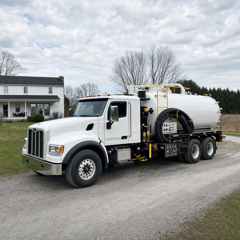 A clean white septic vacuum truck parked on a tidy Casas Adobes driveway with the suction hose neatly coiled