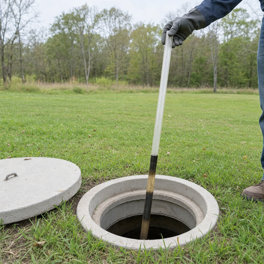 A septic sludge-judge measuring stick lowered into an open Casas Adobes septic tank to read the depth of the sludge and scum layers before deciding whether a pump-out is due