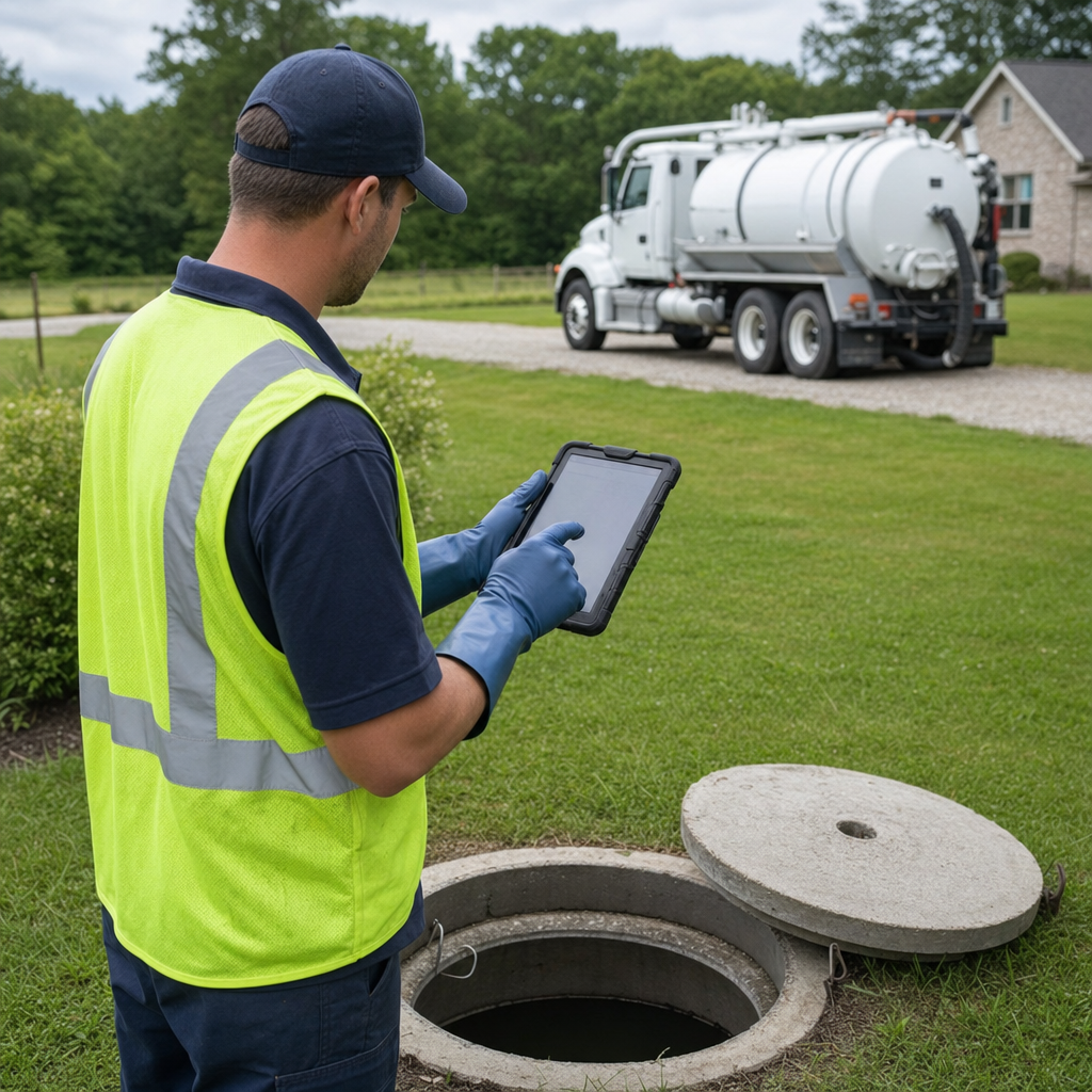 A septic technician recording a Casas Adobes home's pump-out date and tank condition on a tablet beside an open access lid, tracking the service history that sets the next due date