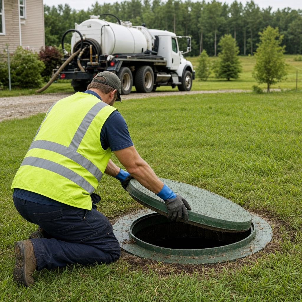 Septic technician kneeling on a Casas Adobes lawn, lifting the access lid on a residential septic tank