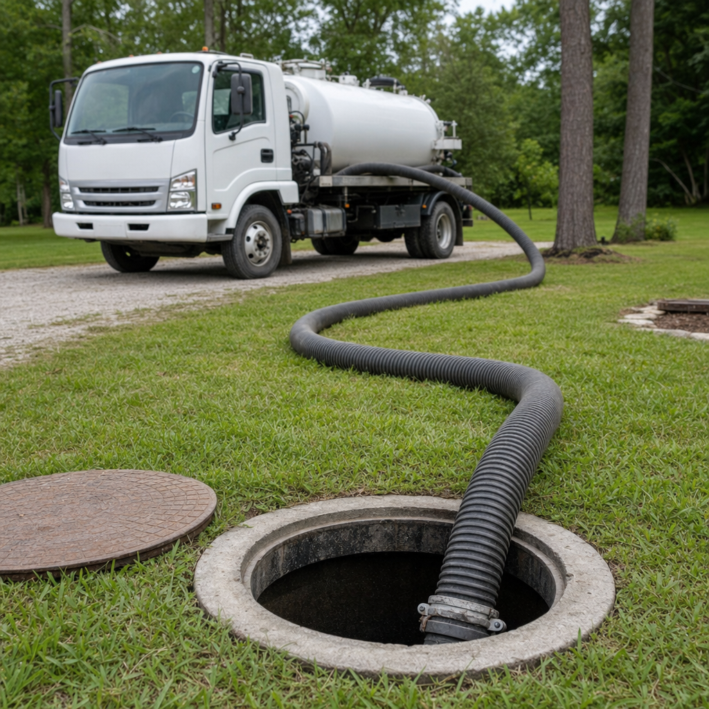 Thick ribbed suction hose lowered into a clean open septic tank port on a tidy Casas Adobes backyard lawn