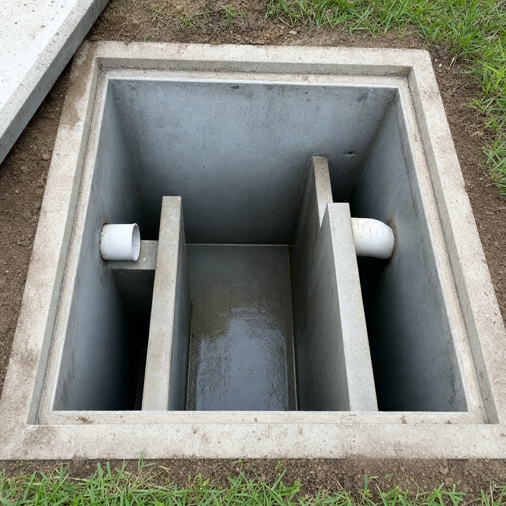 Inspection of the concrete baffles inside an open, emptied and freshly cleaned Casas Adobes septic tank