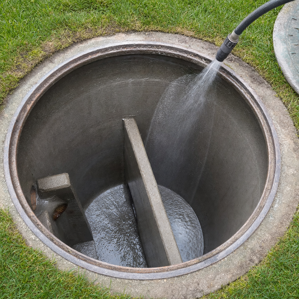 Interior concrete walls of an emptied Casas Adobes septic tank being rinsed clean with the truck's onboard water hose