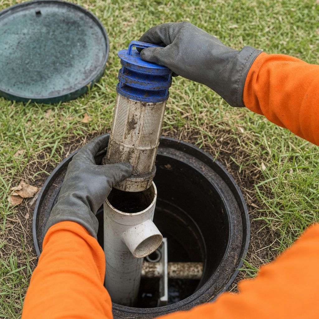Septic technician's gloved hands lifting the effluent filter cartridge out of the outlet housing on a Casas Adobes septic tank