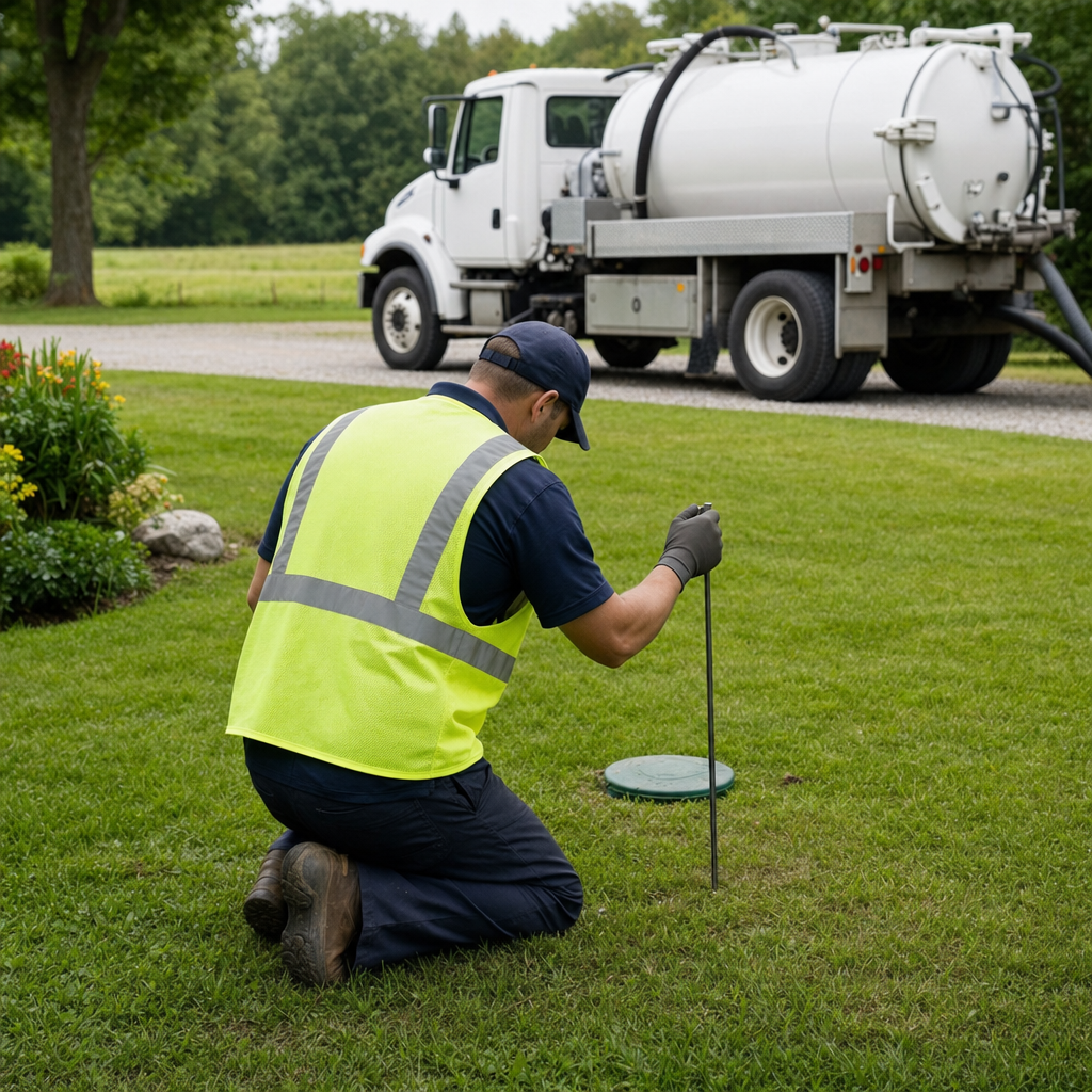 Septic technician kneeling on a Casas Adobes lawn, probing to locate and measure the depth of a buried septic tank lid before pumping