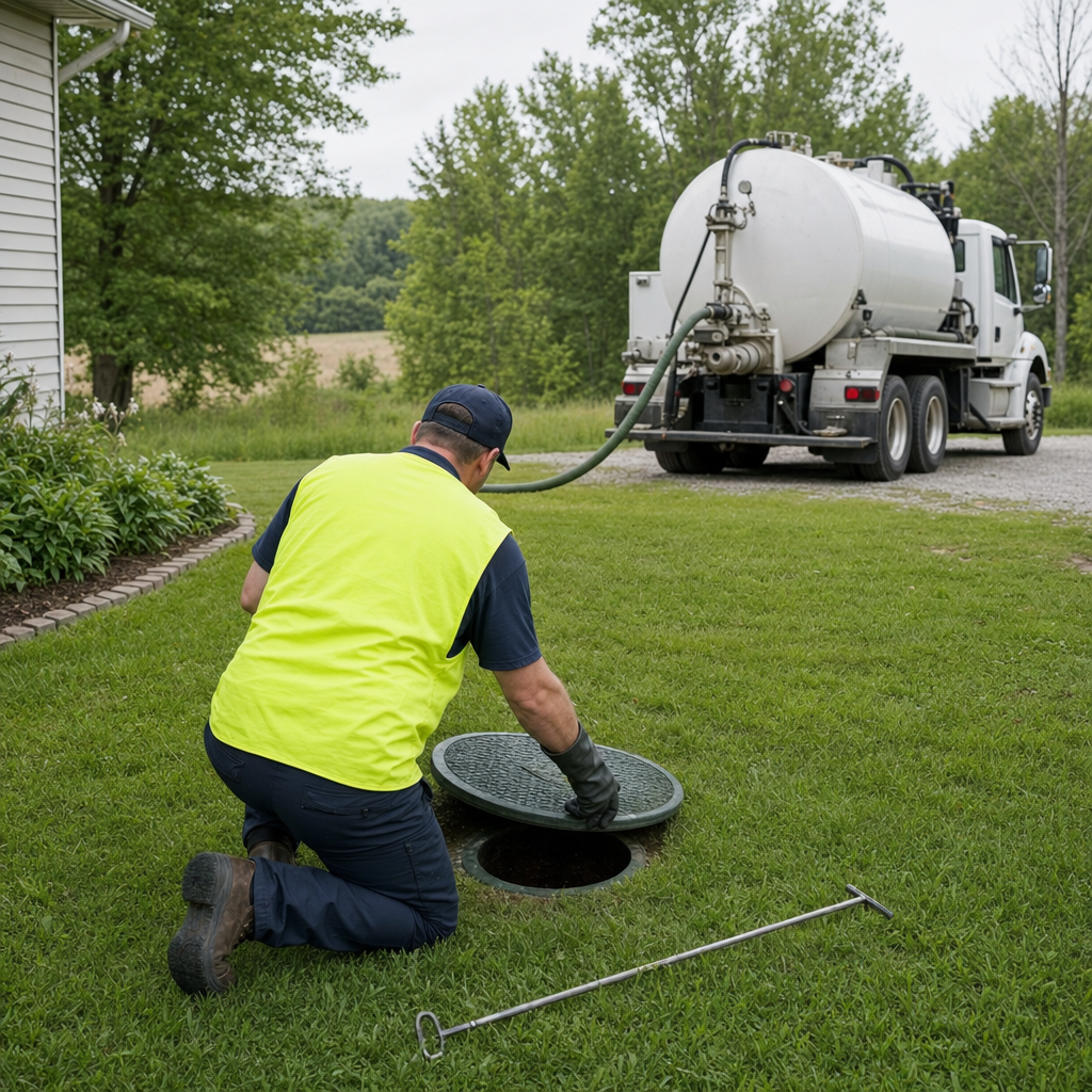 Septic technician kneeling on a Casas Adobes lawn, lifting the buried access lid on a residential septic tank
