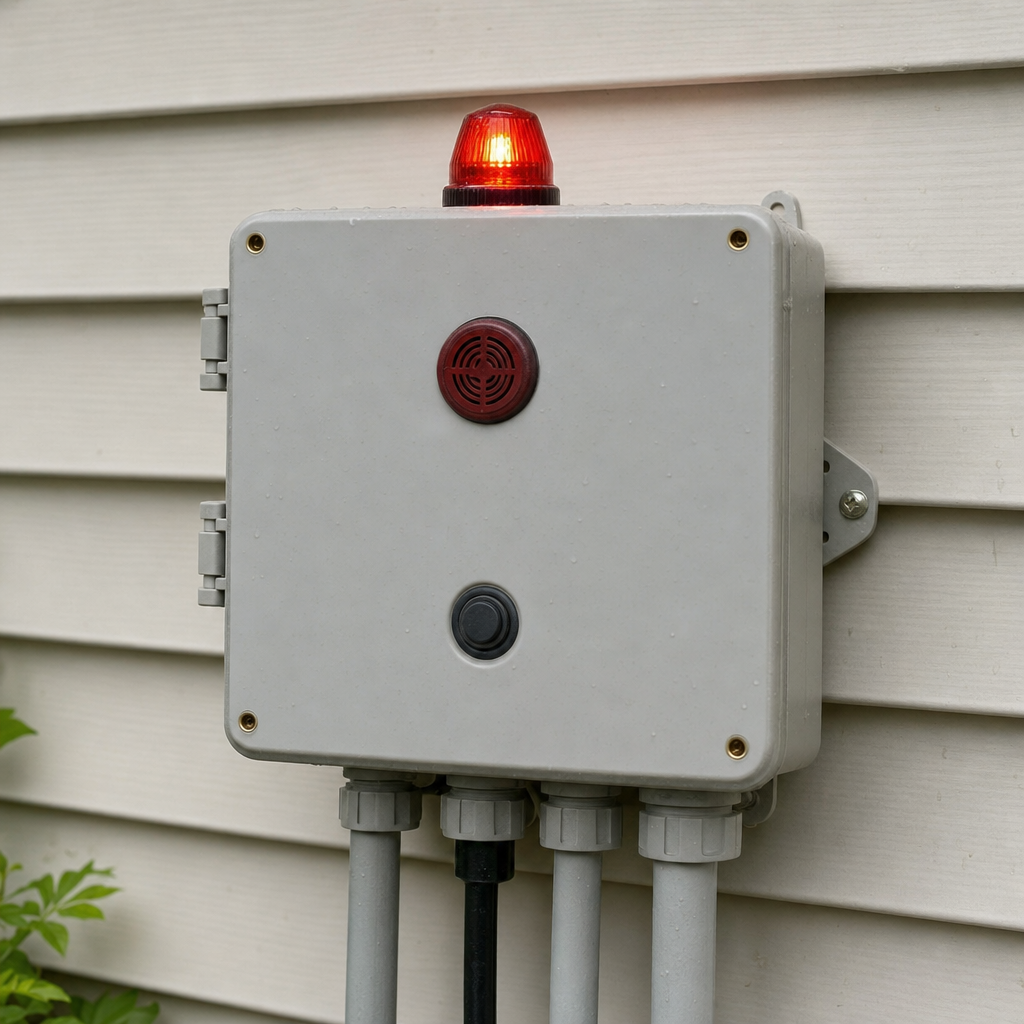 An aerobic septic system control panel mounted outside a Casas Adobes home with its red high-water alarm light lit