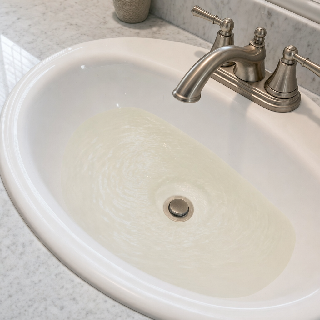 A bathroom sink draining slowly with water pooled in the basin, an early warning sign that a Casas Adobes septic tank is full